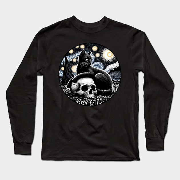 Never Better - Cat and skull Van Gogh inspired Long Sleeve T-Shirt by PrintSoulDesigns